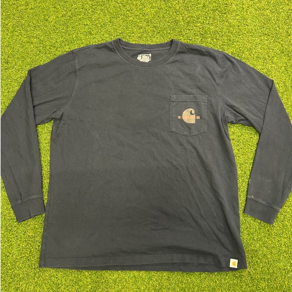 Carhartt Mens Relaxed Fit Long Sleeve Pocket T-Shirt Navy Blue XL Logo Graphic